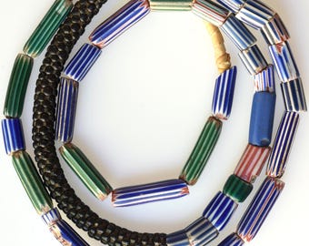 26 Inch Strand of Tube Shaped Striped Venetian Chevron + Bohemian Flower Spacer Beads - Vintage African Trade Beads - CHE2108