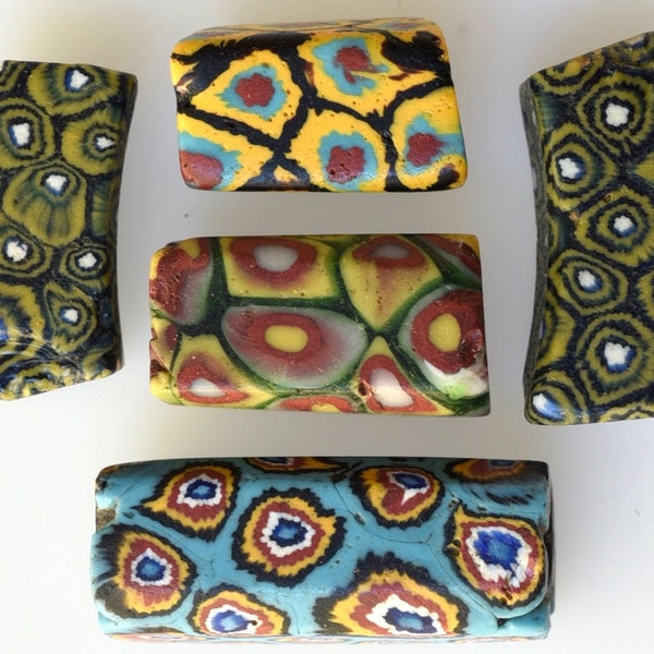 5 Antique Mixed Rectangular Venetian Millefiori Trade Beads - Vintage African Trade Beads - A816