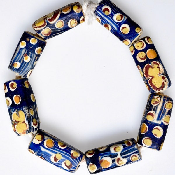 8 Antique Blue, Yellow & White Venetian Beads  - Vintage African Trade Beads - 8785