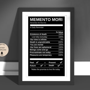 Memento Mori Nutritional Table Style Digital Print (in black) | Stoic Quote Philosophy Latin, Motivational Wall Decor