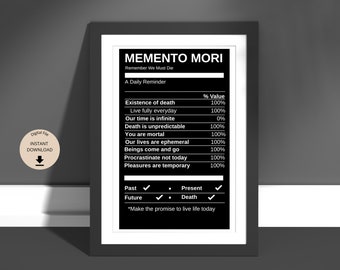 Memento Mori Nutritional Table Style Digital Print (in black) | Stoic Quote Philosophy Latin, Motivational Wall Decor