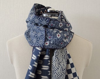 Japanese traditional pattern patchwork scarf dark blue/navy base with gray/light beige, red print, 100 % cotton, wave stitch edge