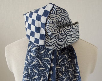 Japanese traditional pattern patchwork scarf dark blue/navy base with gray/light beige, red print, 100 % cotton, wave stitch edge