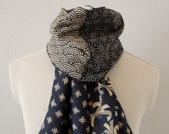 Japanese Patchwork Cotton Scarf: Wave Stitch Edge, Unisex