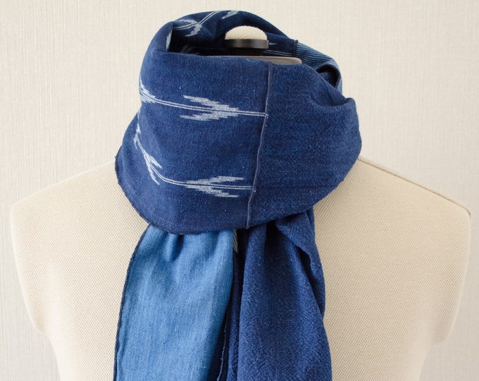 Japanese Aizome indigo Dyeing Fabric Patchwork Scarf With Wave Stitch