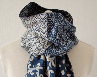 Japanese traditional pattern patchwork scarf dark blue/navy base with gray/light beige pattern, 100 % cotton, wave stitch edge,unisex, 和柄襟巻き