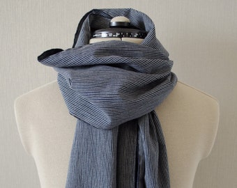 Japanese traditional fabric patchwork scarf with wave edge 100% cotton, stripe, Dark blue background, 和柄襟巻き