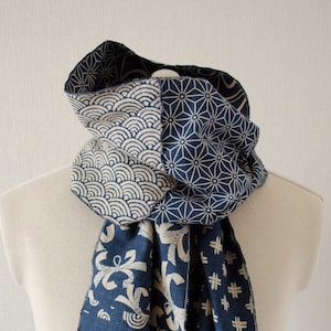 Japanese traditional pattern patchwork scarf dark blue/navy base with gray/light beige pattern, 100 % cotton, wave stitch edge,unisex, 和柄襟巻き