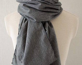 Japanese traditional fabric patchwork scarf with wave edge 100% cotton, stripe, black background, 和柄襟巻き