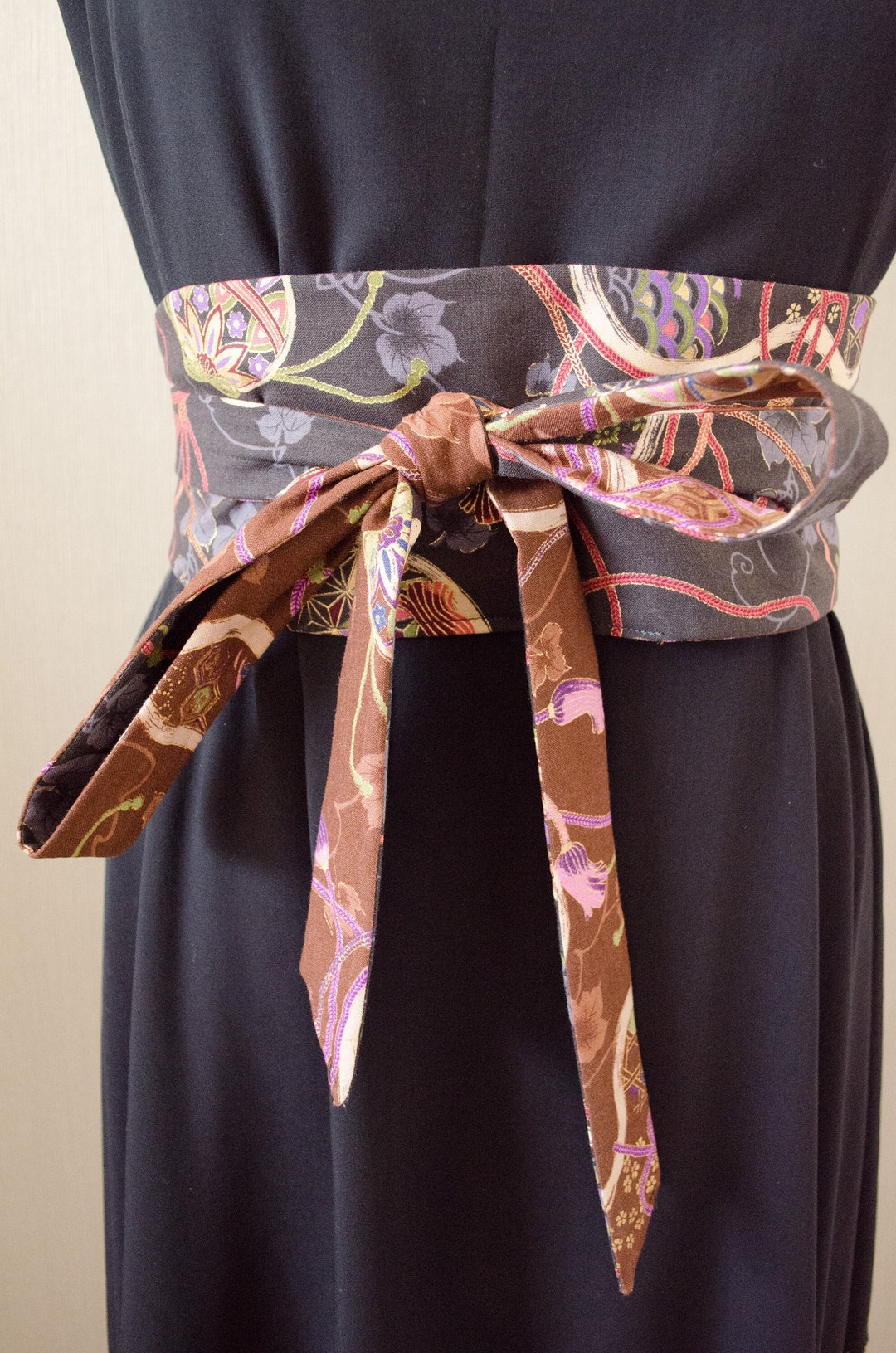 Reversible Kimono Obi Belt: Japanese Motif, Adjustable Sash - Etsy