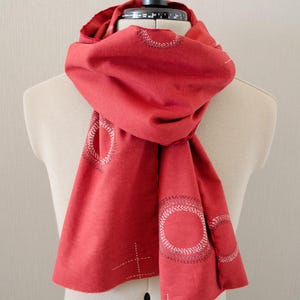 Japanese traditional fabric patchwork scarf with wave edge, 100% cotton, concentric circle, dash line, carmine red background