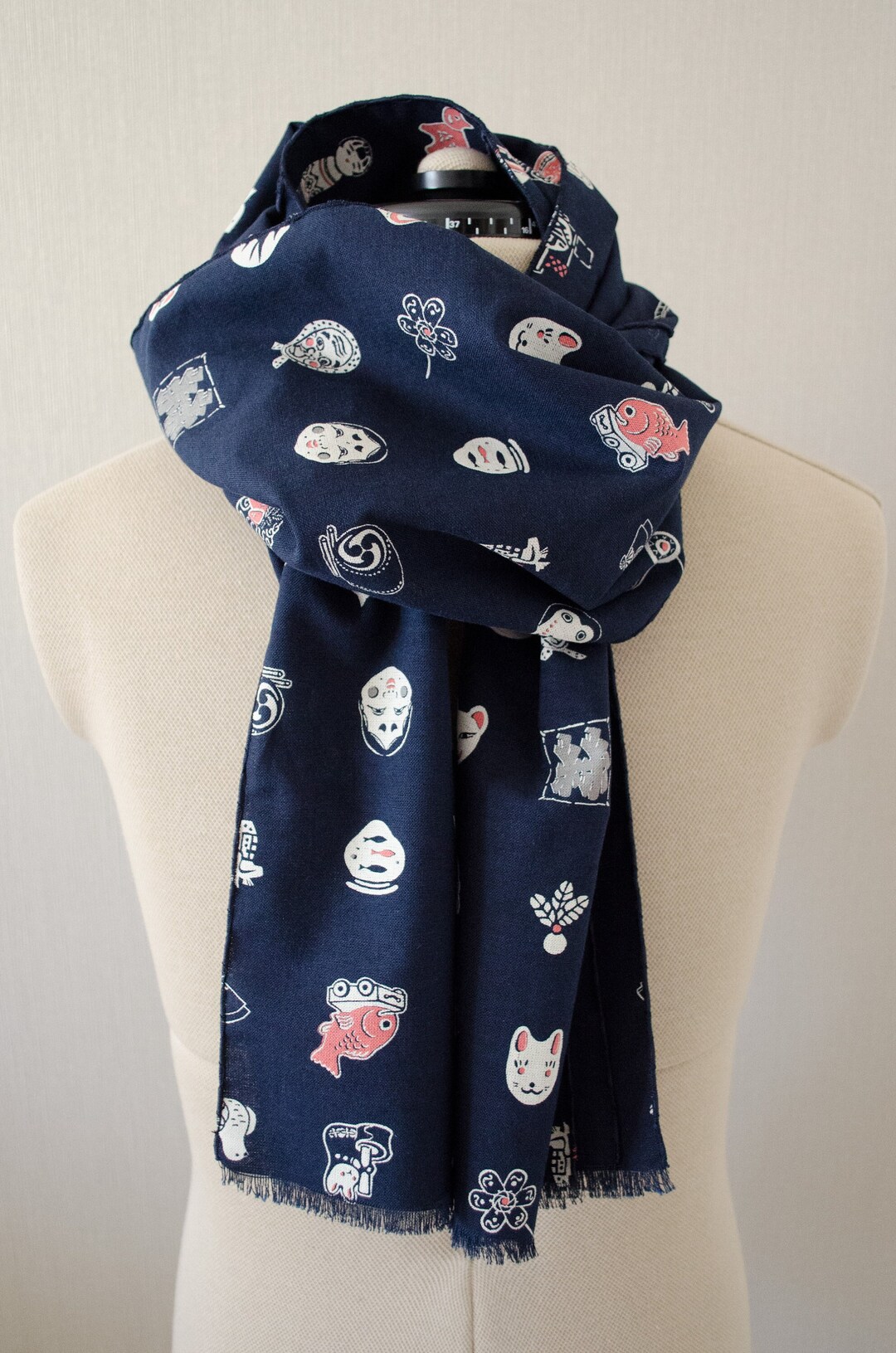 Japanese Traditional Toys and Culture Print Patchwork Scarf With Wave ...
