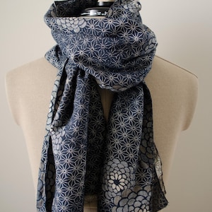 Japanese traditional Kimono motif double woven jacquard reversible patchwork scarf with wave edge 100% cotton, hemp,dark blue background