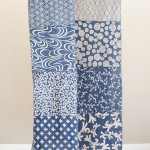 Japanese traditional pattern patchwork scarf dark blue/navy base with gray/light beige pattern, 100 % cotton, wave stitch edge,unisex, 和柄襟巻き zdjęcie 8