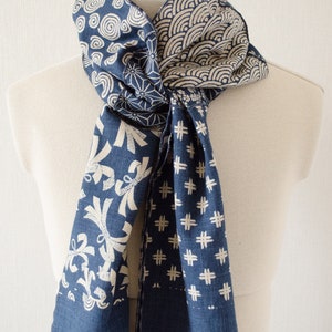 Japanese traditional pattern patchwork scarf dark blue/navy base with gray/light beige pattern, 100 % cotton, wave stitch edge,unisex, 和柄襟巻き zdjęcie 6