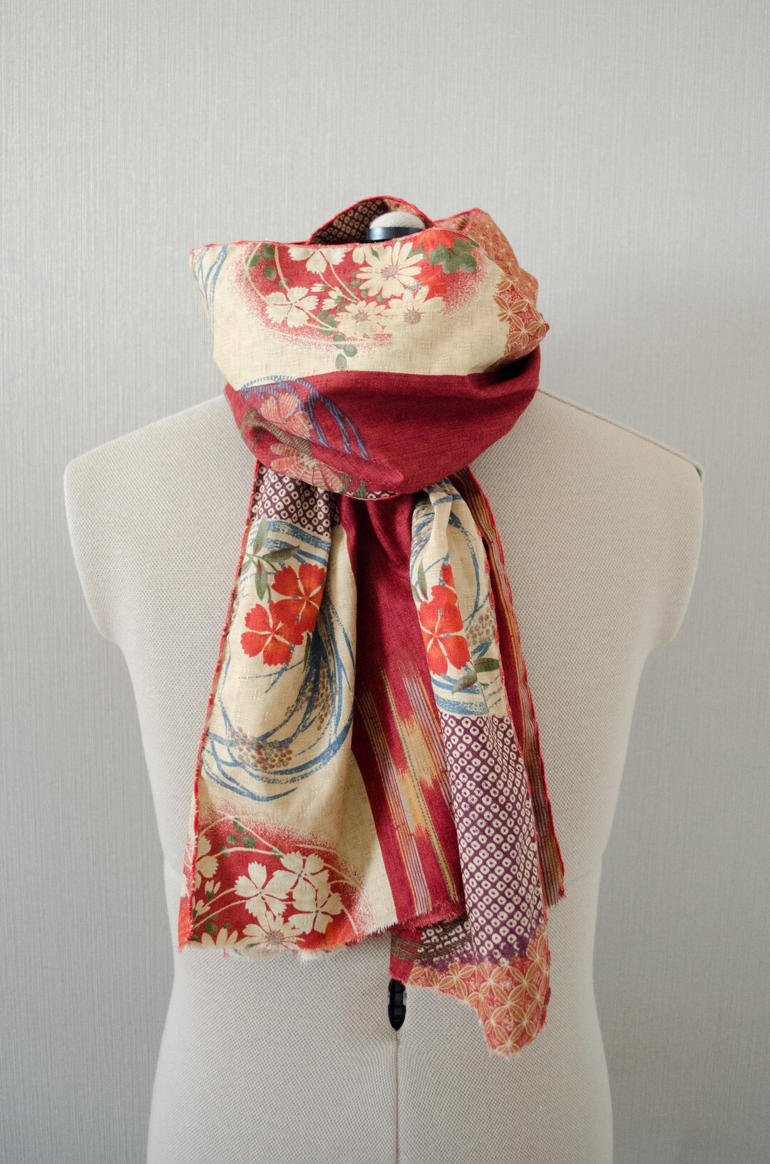 Japan Ruffle Knit Japanese Kimono Print Scarf: Red Cotton Patchwork With Wave Edge - Etsy