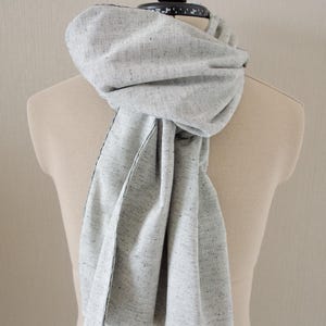 May include: A gray and white scarf with a subtle speckled pattern. The scarf is made of a soft, woven fabric and has a frayed edge.
