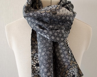Japanese traditional Kimono motif double woven jacquard reversible patchwork scarf with wave edge 100% cotton, hemp leaf, chrysanthemum