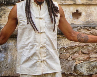 Men's Khadi Cotton Vest: Boho Hippie Chinese Button Top