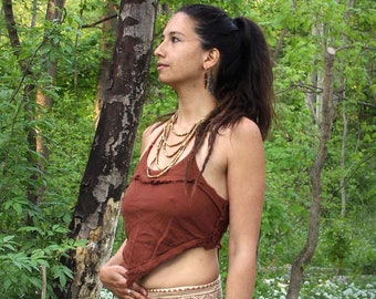 Top 'Sioux' Frayed Edge Cravate en coton naturel Top Neckholder Crop Terreux Tribal Boho Pixie Goa Festival Sexy Féminin Conscious Vêtements
