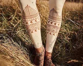 Tribal Blockprint Leggings Strech Baumwolle Off White Yoga Enthnic Boho Natur Biobaumwolle Nachhaltig Bewusst