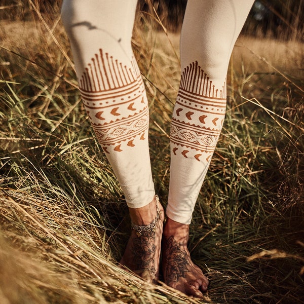 Tribal Block Print Leggings Strech Cotton Off White Yoga Enthnic Boho Natural  Biobaumwolle Sustainable Conscious