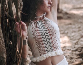 Tribal Crop Top mit Handblockdruck und Fransen aus Baumwolle Natur