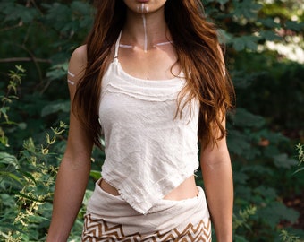Top 'Sioux' gerafelde rand natuurlijke katoenen stropdas top nekhouder gewas aardse Tribal Boho Pixie Goa Festival sexy vrouwelijke bewuste kleding