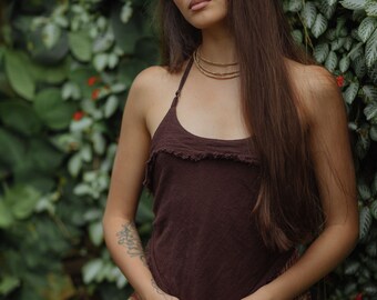 Top 'Sioux' Frayed Edge Cravate en coton naturel Top Neckholder Crop Terreux Tribal Boho Pixie Goa Festival Sexy Féminin Conscious Vêtements