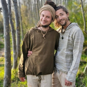 Men&#39;s Kadhi Hoodie Brown Pullover Longsleeve Handloom Organic Cotton Sweatshirt Dread Hood Natural Men&#39;s Clothing Yoga Bio