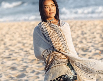 Handloom Tribal Shawl Soft Khadi Cotton Hand Block Printed Stole Sarong Pareo Lungi White Brown and Black Blockprint