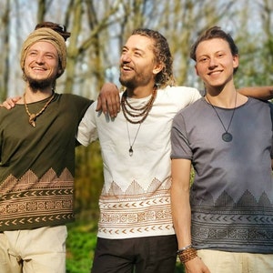 Men&#39;s  Tribal Block Print T-Shirt Mens Earthy Natural Wear Boho Ethno Goa Ecological Handmade