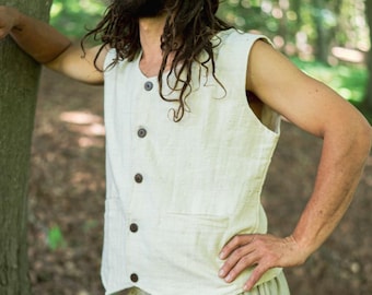 May include: A sleeveless, button-down vest and drawstring pants in a light beige color. The vest has dark brown buttons and a pocket. The person is wearing a brown hat. The outfit is made of a lightweight fabric, suitable for warm weather.