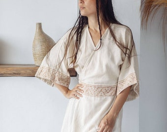 Short Kimono Wrap Dress White Wickelkleid Hand Block Printed Boho Pagan Wedding Ceremony
