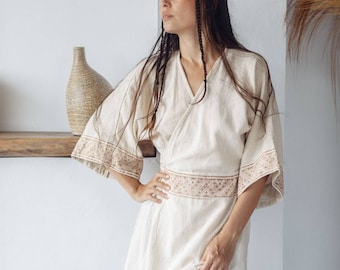 Kurzes Kimono Wickelkleid Weiß Wickelkleid Hand Block Gedruckt Boho Pagan Trauung