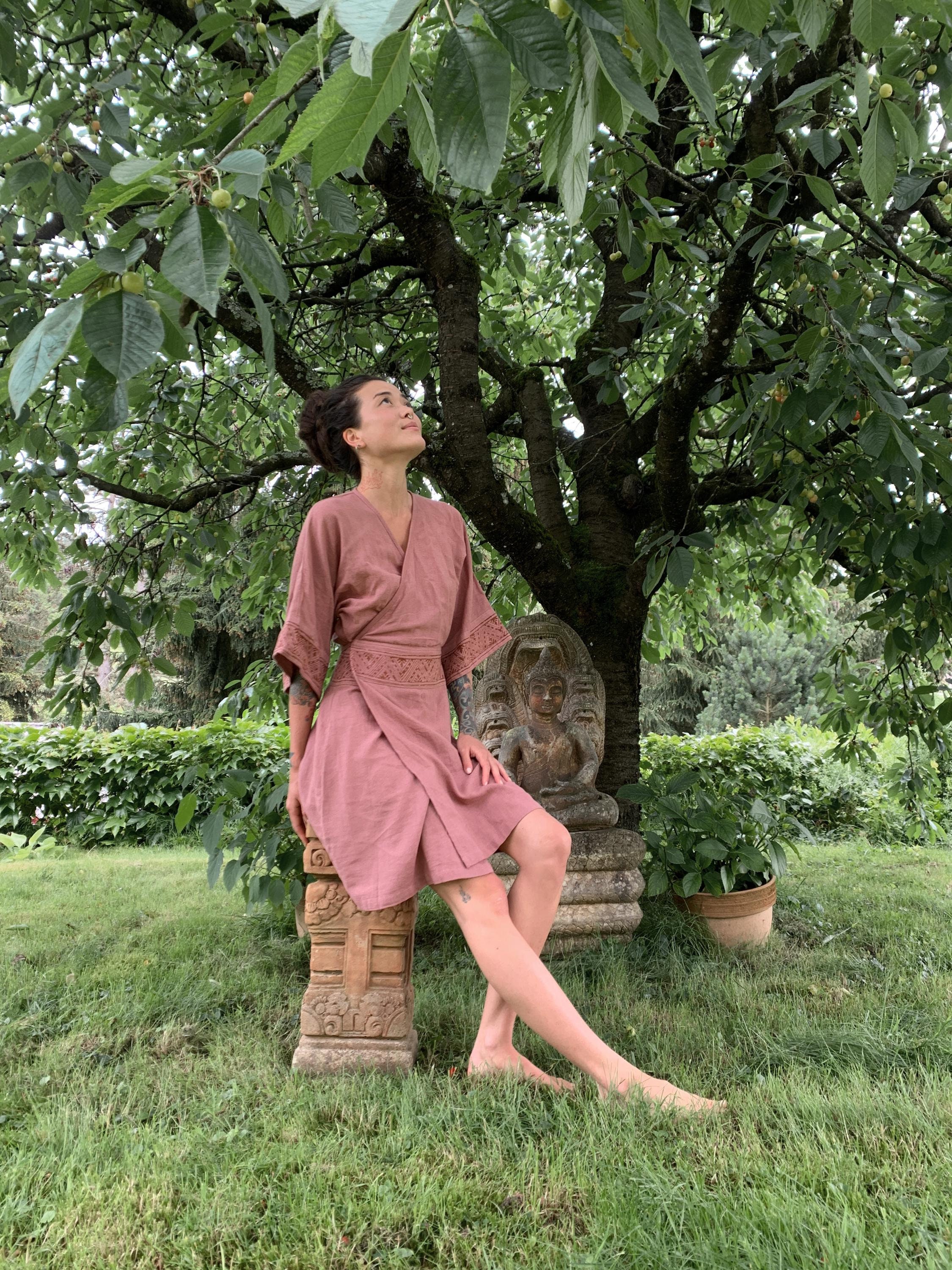 Short Kimono Wrap Dress Dusky Rose Wickelkleid Hand Block Printed Boho Pagan Wedding Ceremony