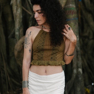 Tribal Crop Top 'Cacao' with Hand Blockprint and Fringe Cotton Natural