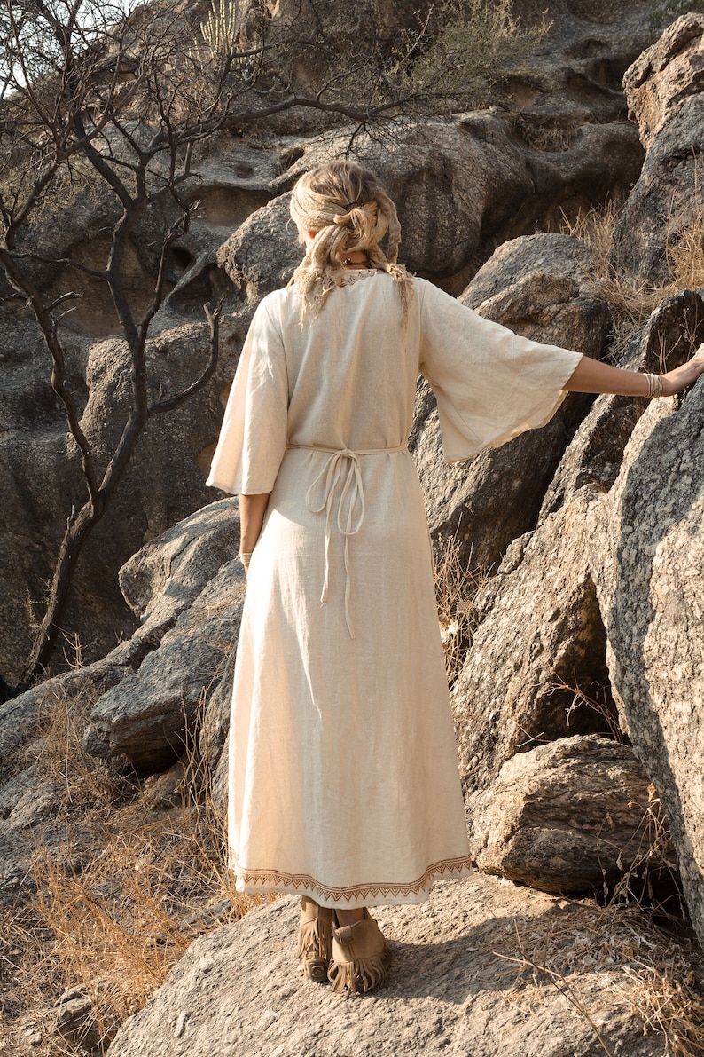 Langes Wickelkleid Handbedruckt met Taschen aus reiner Baumwolle afbeelding 6