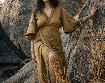 Brown Wrap Dress Long with Pockets and Blockprint