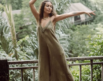 Long Jumpsuit light green double cotton crepe adjustable straps onsie durangee