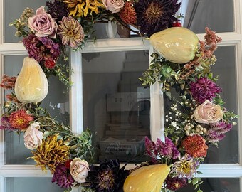 Cottage Chic Mother's Day Dried flower roses dahlias 12 inch grapevine wreath