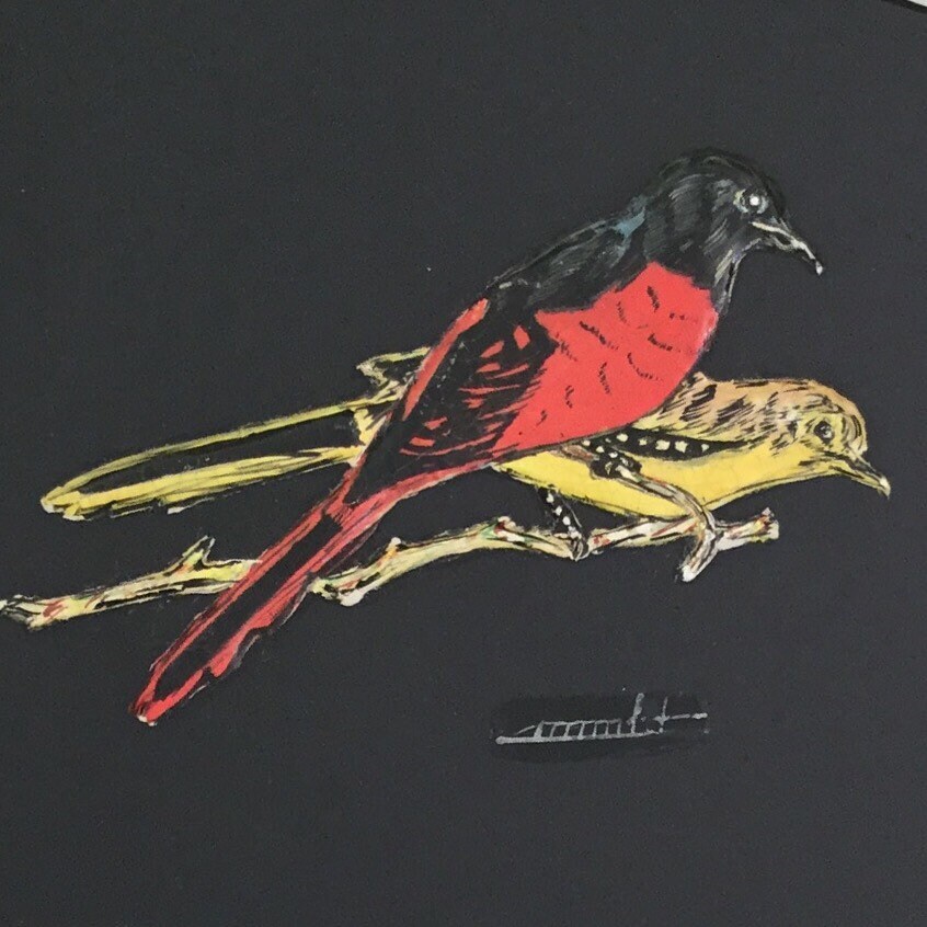 Carreaux Noirs Au Décor Oiseaux Peints en Relief Céramique Mettlach Allemagne