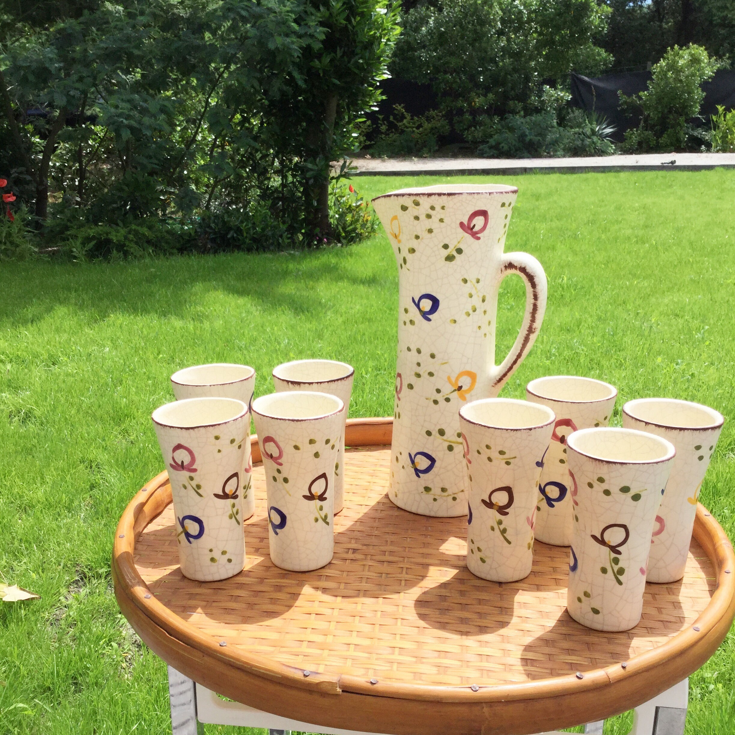 Service Orangeade en Céramique Craquelée Signée Gladys 