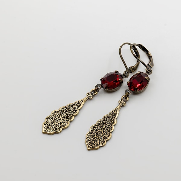 Boucles d’oreilles Art Déco Drop, Ruby European Crystal, Regency Earrings, Edwardian Earrings, Antique Bronze Connector, Art Deco, Handmade UK, années 1920
