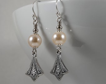 Art Deco Drop Earrings, Cream Rose Swarovski Crystal Pearl, Silver plated Ear Wires, Edwardian Earrings, Sterling Silver Plated Connector.