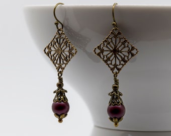 Tudor Rose Earrings, Swarovski Purple Pearls, Edwardian Earrings, Bronze Earrings, Pearl, Anne Boleyn Earrings, Handmade UK, Downton Abbey