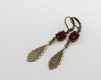 Art Deco Drop Earrings, Ruby European  Crystal, Regency Earrings, Edwardian Earrings, Antique Bronze Connector, Art Deco, Handmade UK, 1920s