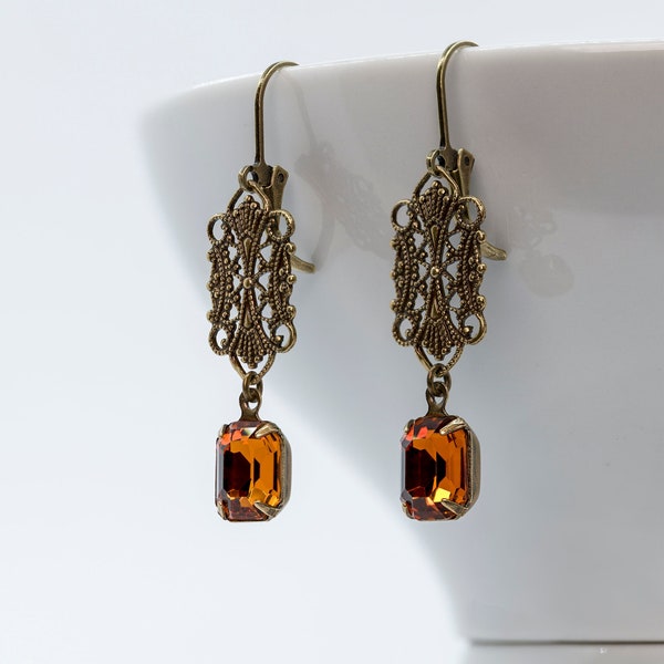 Regency Earrings, Vintage Drop Earrings, Edwardian Earrings, Antique Bronze Earrings, Topaz European Crystal, Art Deco, Handmade UK