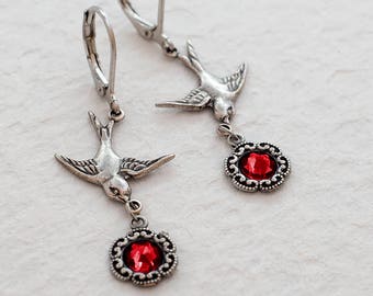 Art Deco Earrings, Swarovski Crystal, Siam Ruby, Edwardian Earrings, Antique Silver Bird Connector, Earrings With Birds, Handmade UK, Gift