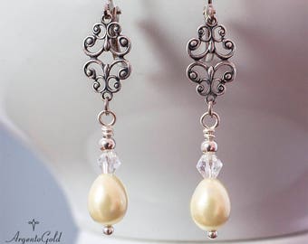 Art Deco Earrings, Ivory Pearl Earrings, Edwardian Earrings, Vintage Drop Earrings, Teardrop Pearls, Silver Earrings, Bicone, Handmade UK